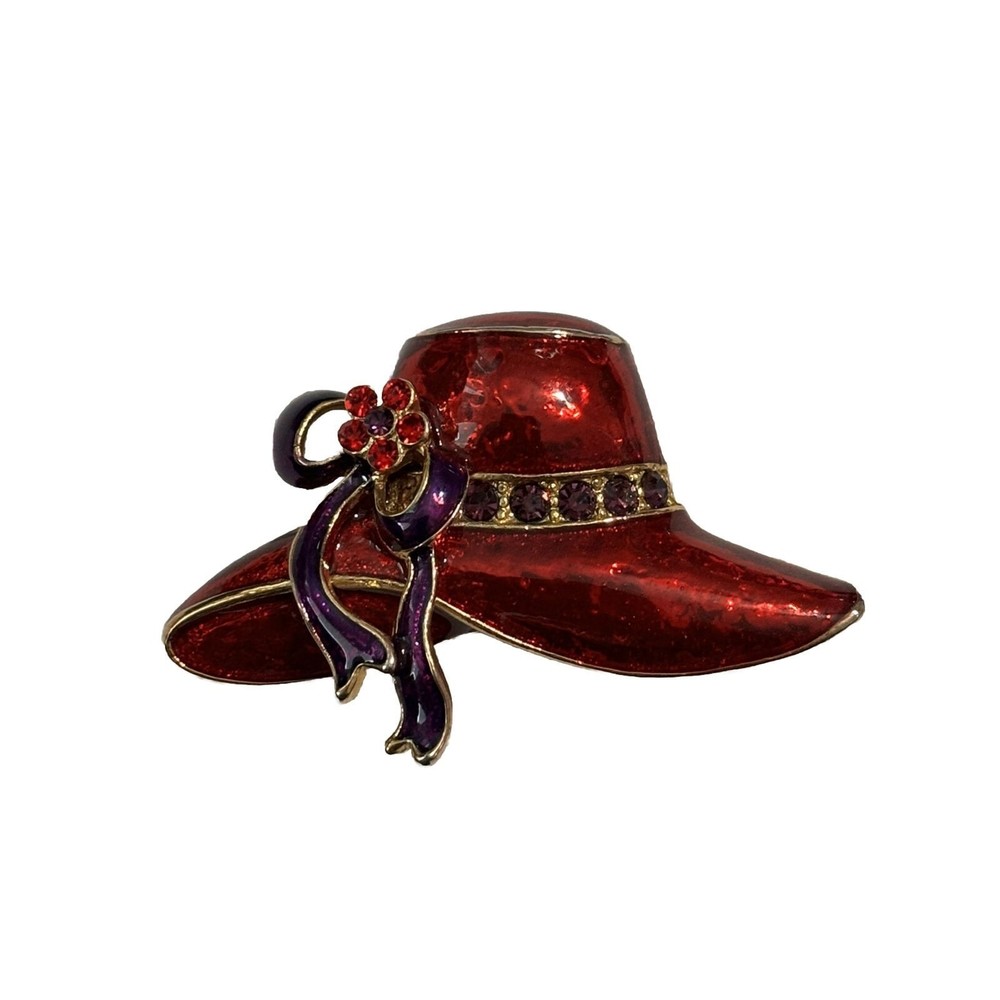 Cowgirl Cowboy Hat Red Enamel Painted Rodeo Rhinestone Pin Brooch